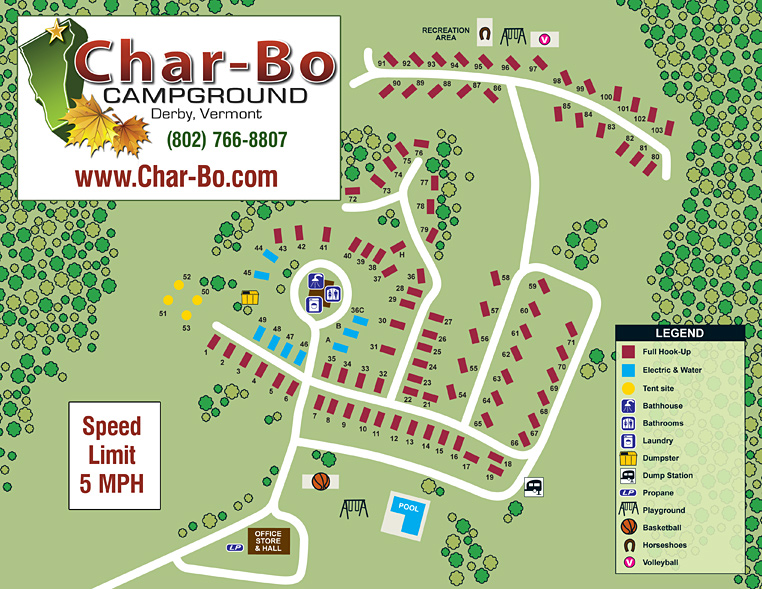 Char-Bo Campground Site Map. You may click on this file for a higher resolution PDF file, where you may view greater detail or print.