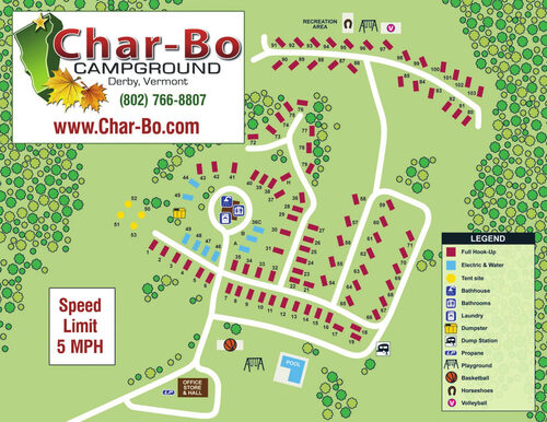 Drawn map of the campground showing numbered sites, roads and facilities