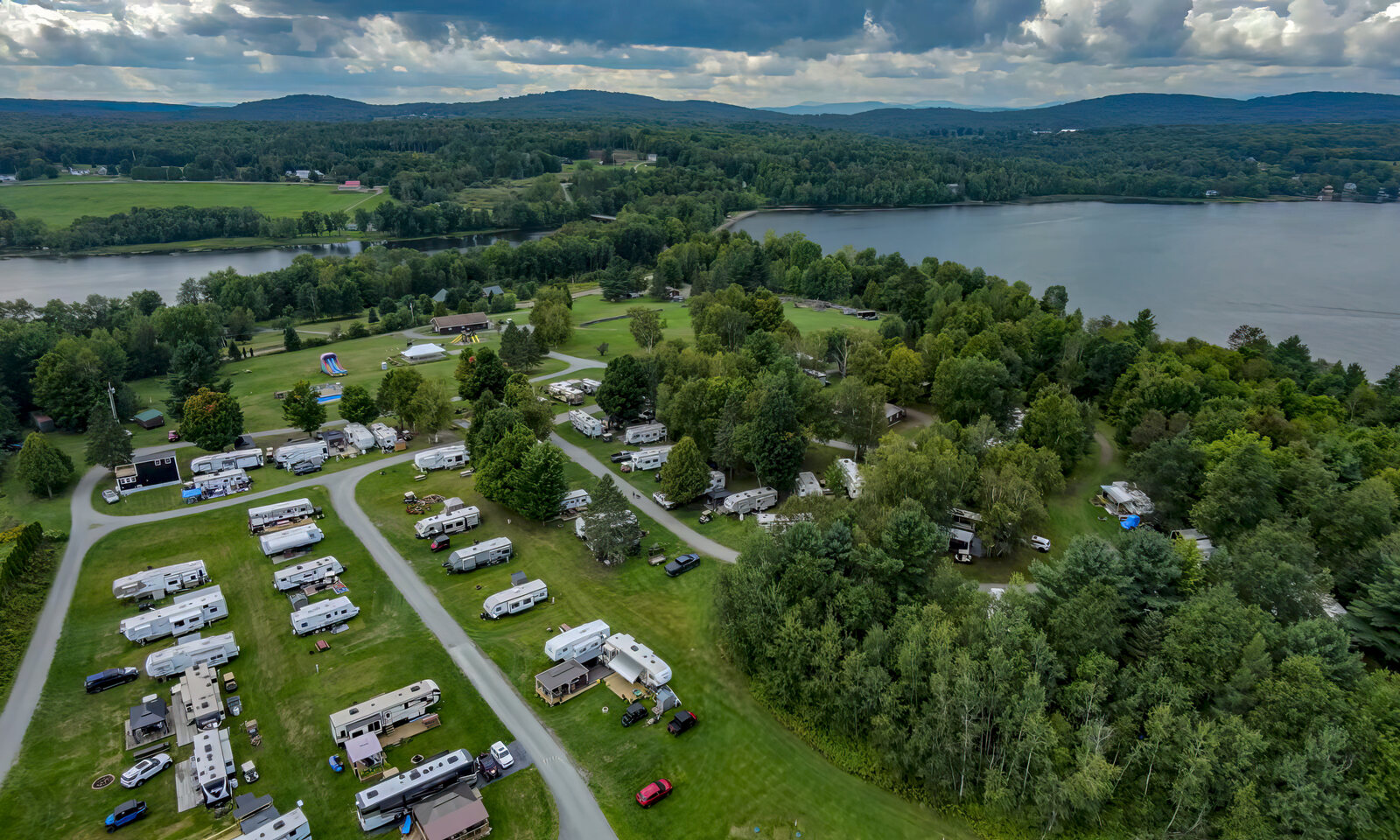 Aerial view of Char-Bo Campground, the lake and surrounding Vermont hills